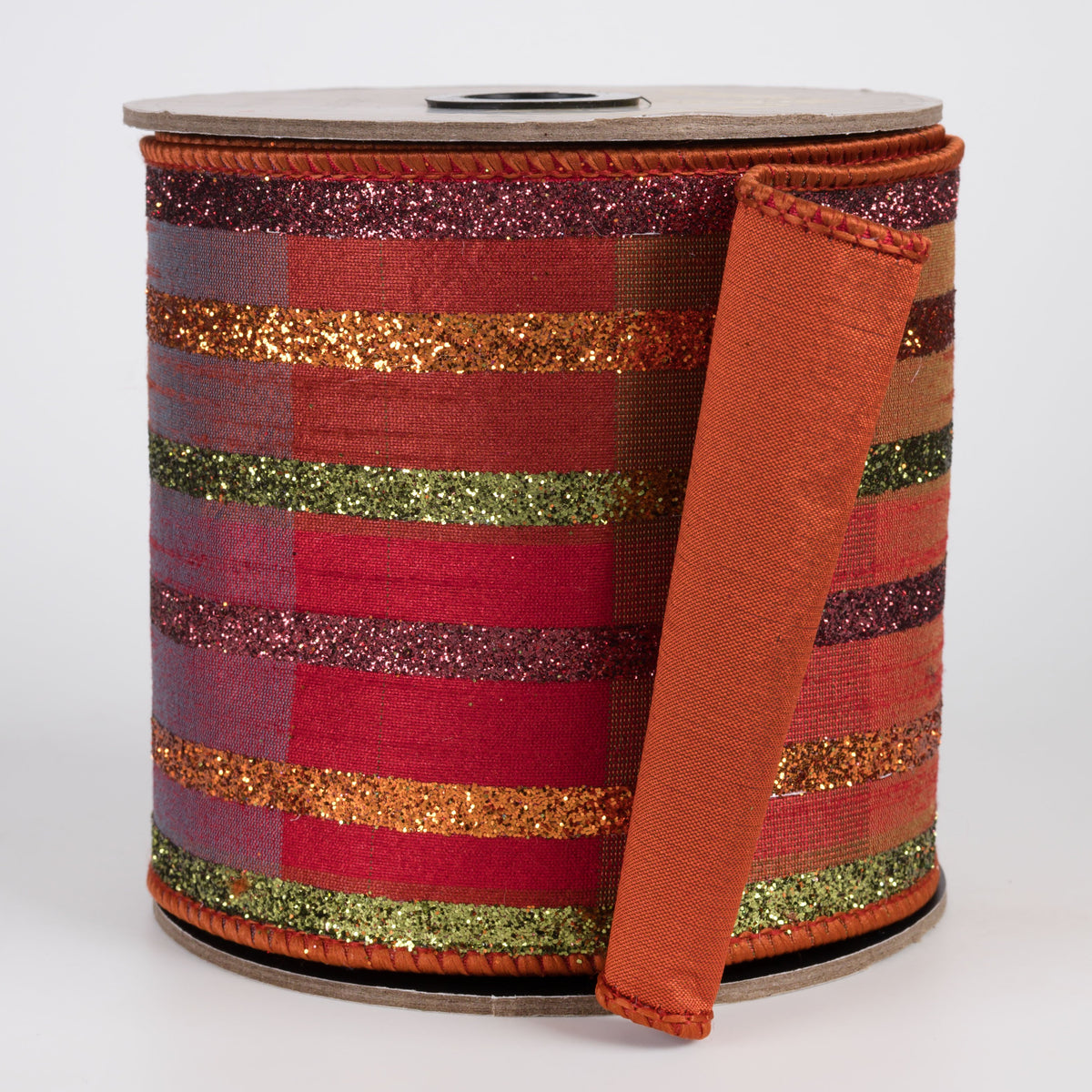 [D Stevens] 4" Faux Dupioni Fall Plaid Glitter Stripe Ribbon (5 Yards) Item Number: 05-0301
