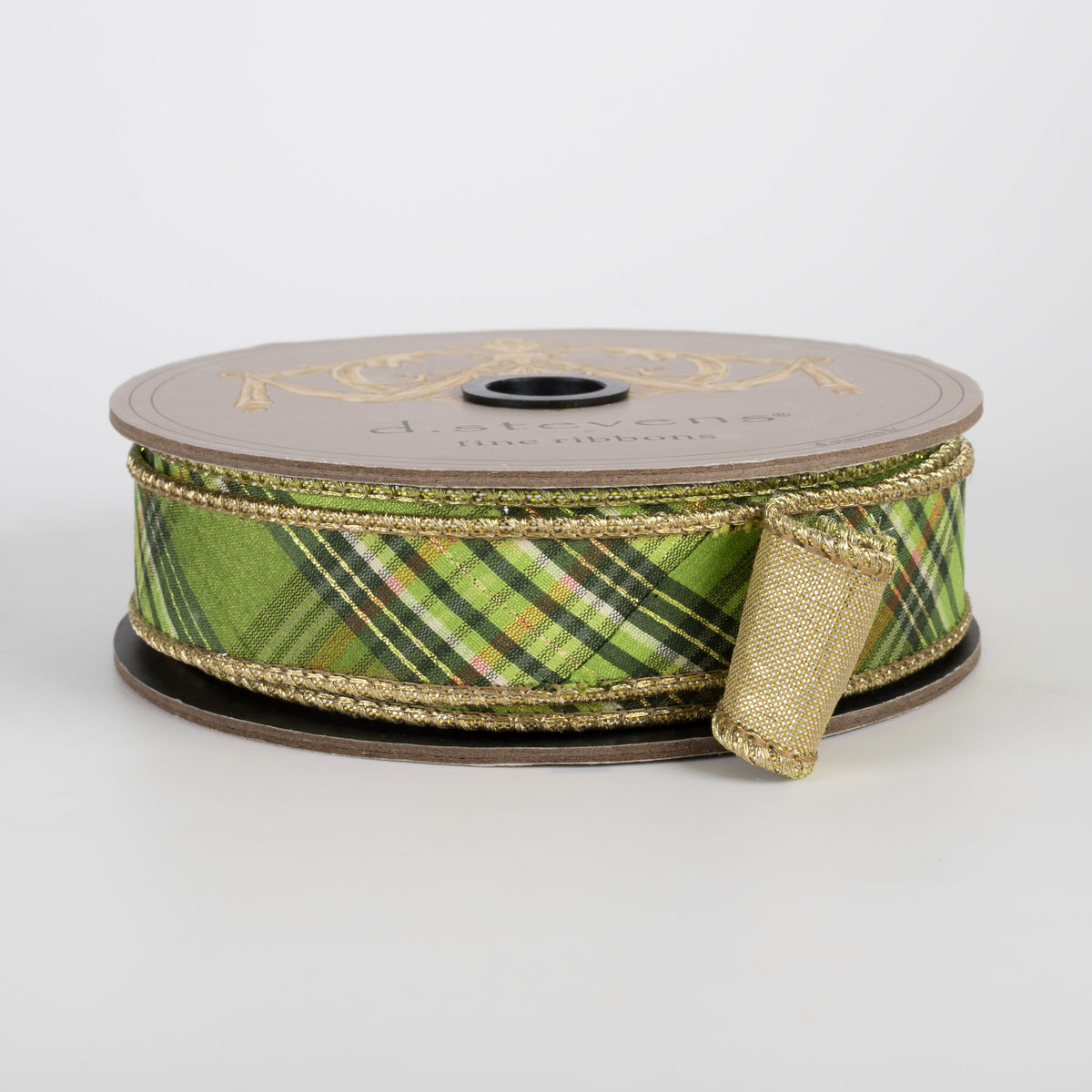 [D Stevens] 1" Faux Dupioni Gold Back Bias Cut Plaid Ribbon: Greens (10 Yards) Item Number: 05-1818