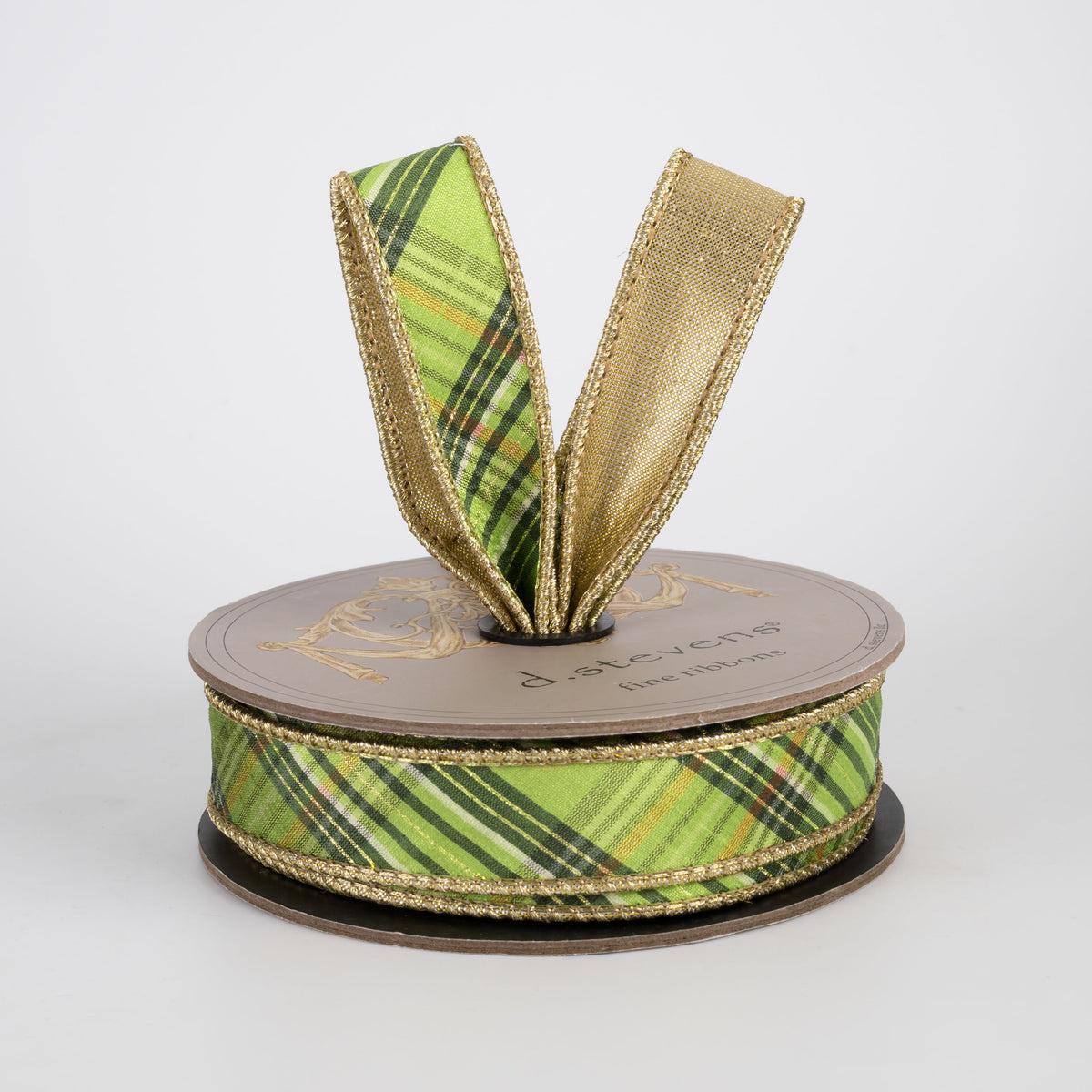 [D Stevens] 1" Faux Dupioni Gold Back Bias Cut Plaid Ribbon: Greens (10 Yards) Lifestyle Photo