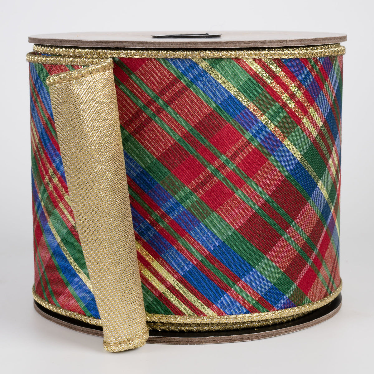 [D Stevens] 4" Faux Dupioni Gold Back Diagonal Preppy Yuletide Plaid Ribbon (10 Yards) Item Number: 05-0866