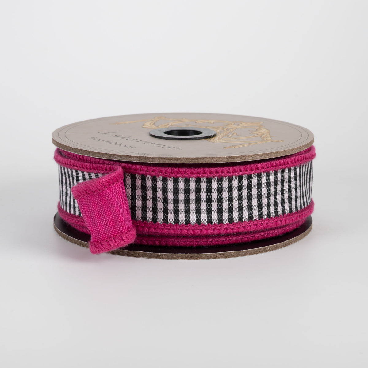 [D Stevens] 1" Faux Dupioni Mini Check Ribbon: Black & White on Hot Pink (10 Yards) Item Number: 87-1643