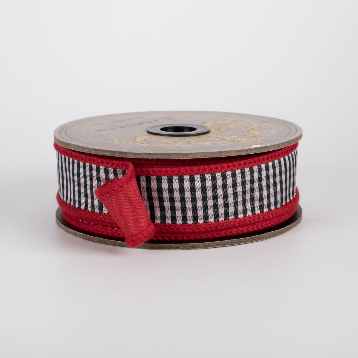 [D Stevens] 1" Faux Dupioni Mini Check Ribbon: Black & White on Red (10 Yards) Item Number: 87-1641