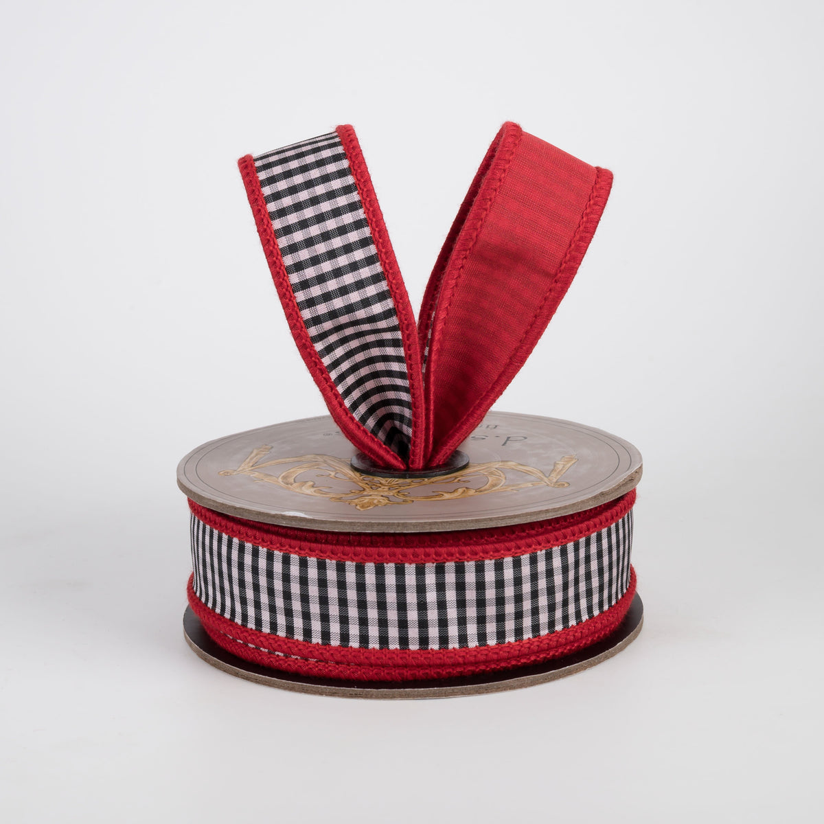 [D Stevens] 1" Faux Dupioni Mini Check Ribbon: Black & White on Red (10 Yards) Lifestyle Photo