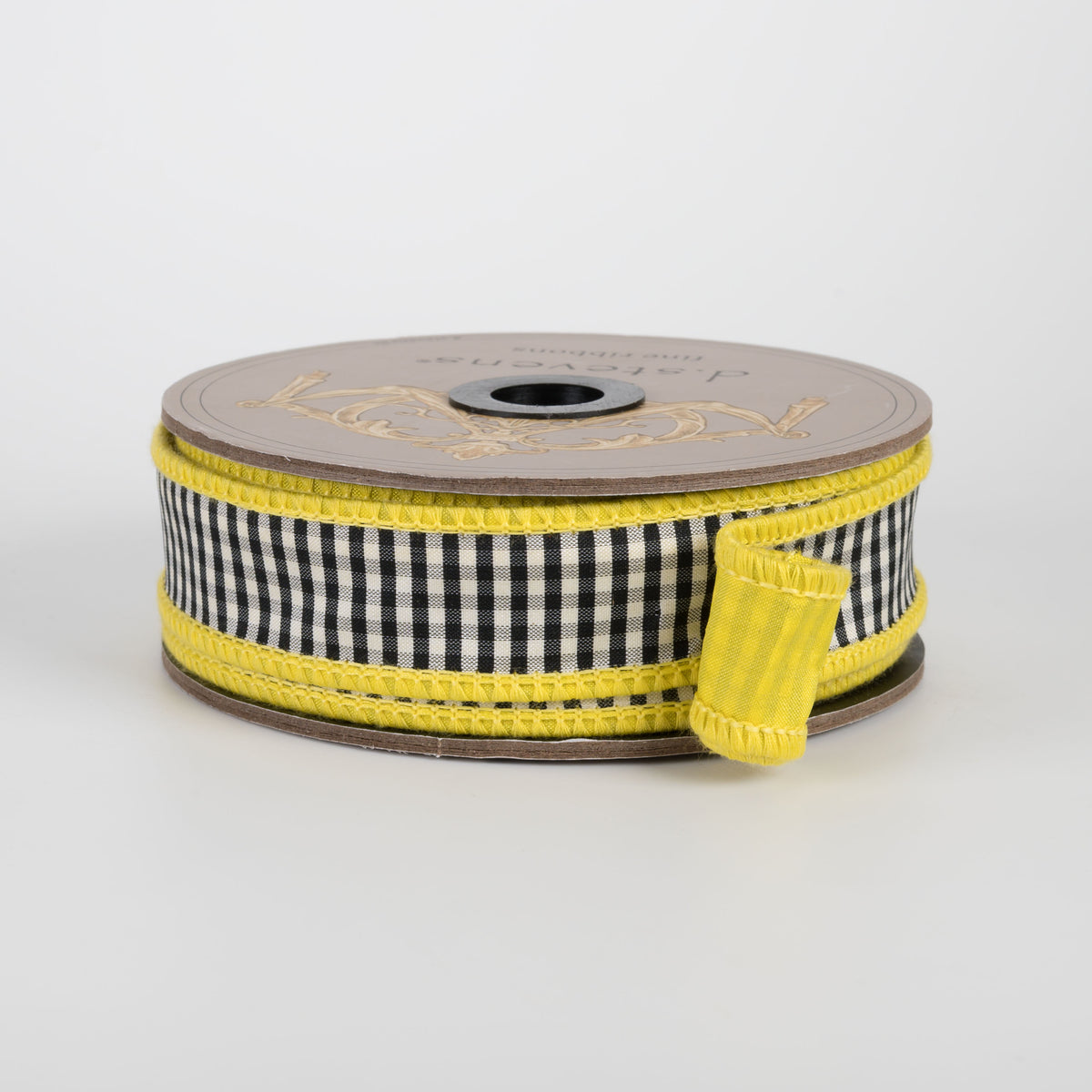 [D Stevens] 1" Faux Dupioni Mini Check Ribbon: Black & White on Yellow (10 Yards) Item Number: 87-1639