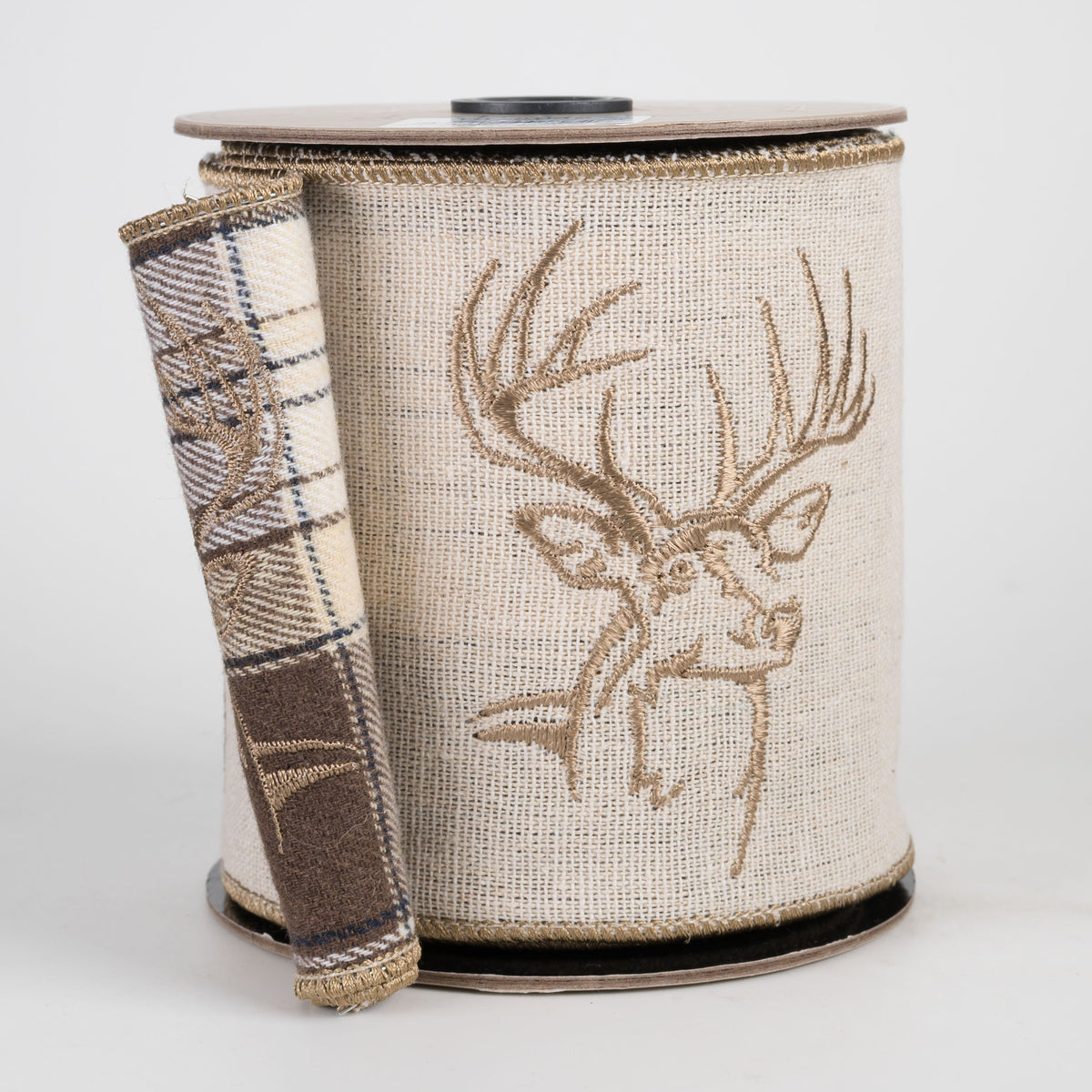 [D Stevens] 4" Linen Embroidered Deer Ribbon: Plaid Back (5 Yards) Item Number: 18-5045