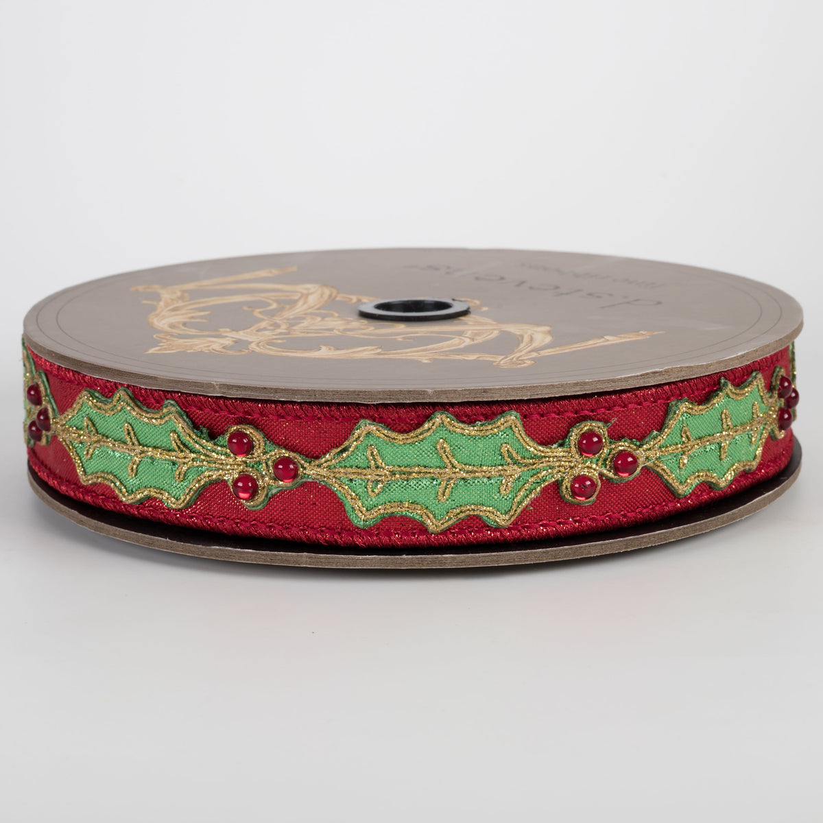[D Stevens] 1" Metallic Dupioni Holly Leaves & Berries Ribbon: Red (10 Yards) Item Number: 05-1071