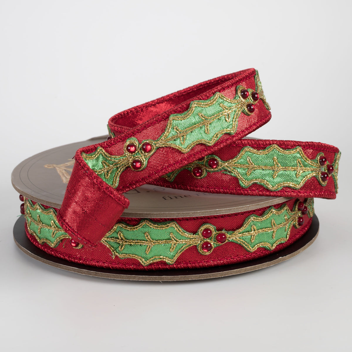 [D Stevens] 1" Metallic Dupioni Holly Leaves & Berries Ribbon: Red (10 Yards) Lifestyle Photo