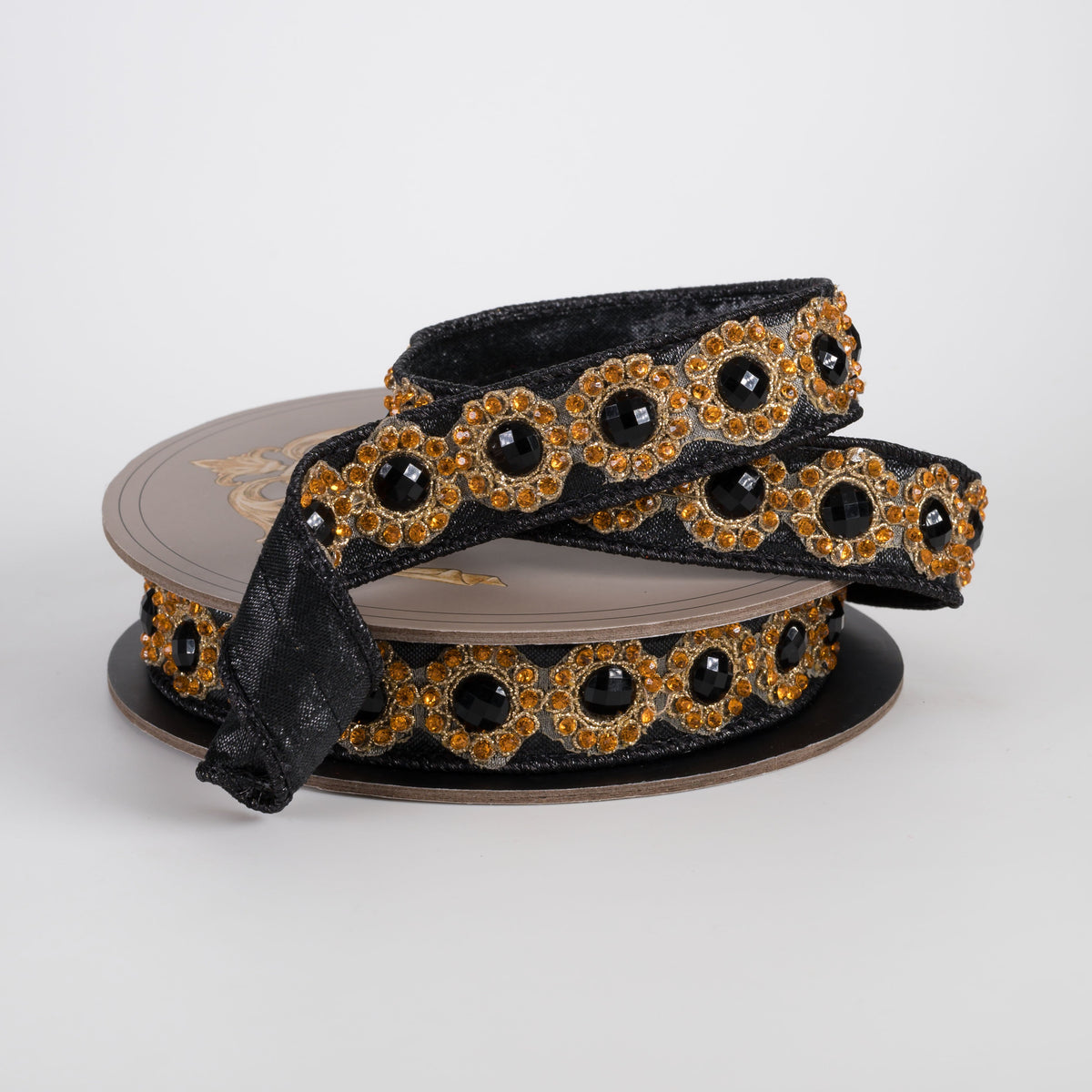 [D Stevens] 1" Metallic Dupioni Jewel Center Trim Ribbon: Orange & Black on Black (5 Yards) Lifestyle Photo