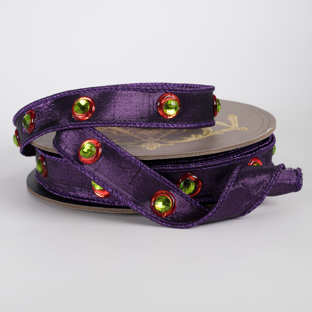 [D Stevens] 1" Metallic Dupioni Jewel Center Trim Ribbon: Orange & Green on Purple (10 Yards) Lifestyle Photo
