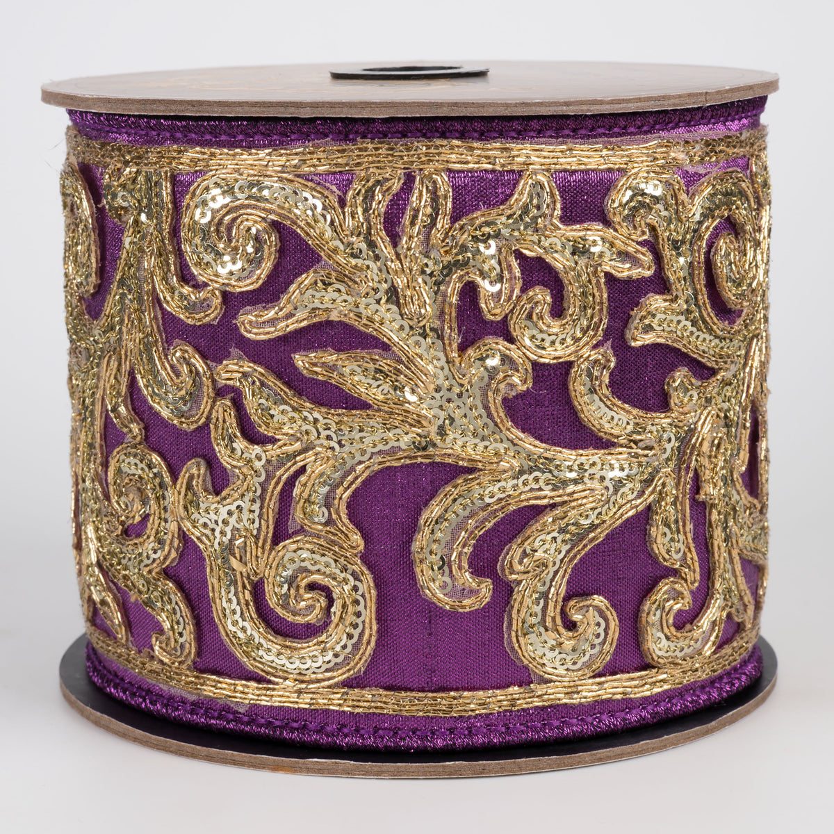 [D Stevens] 4" Metallic Dupioni Sequin Acanthus Cutout Ribbon: Purple & Gold (5 Yards) Item Number: 05-2117