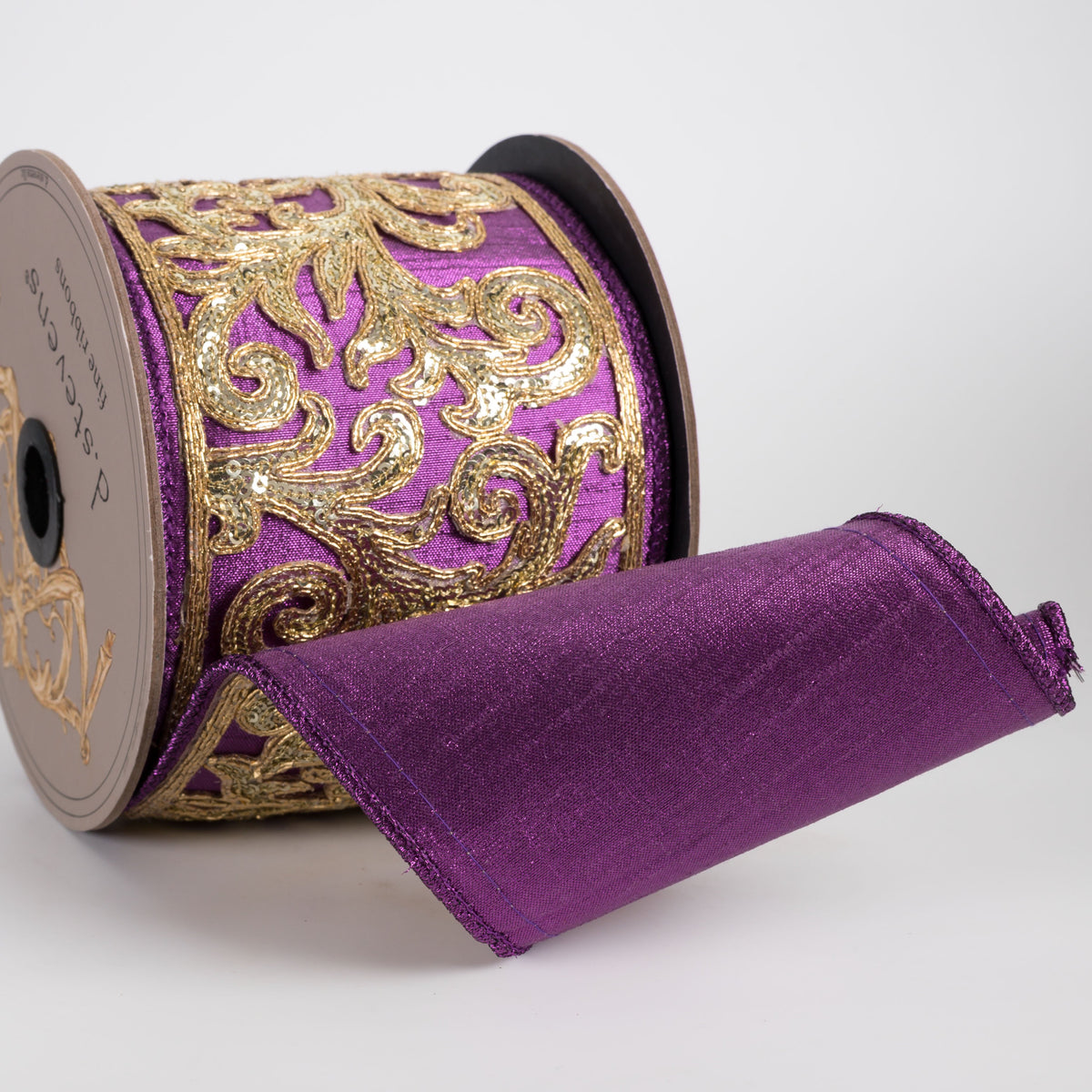 [D Stevens] 4" Metallic Dupioni Sequin Acanthus Cutout Ribbon: Purple & Gold (5 Yards) detail photo 3