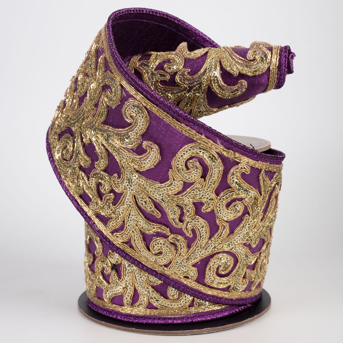 [D Stevens] 4" Metallic Dupioni Sequin Acanthus Cutout Ribbon: Purple & Gold (5 Yards) Lifestyle Photo