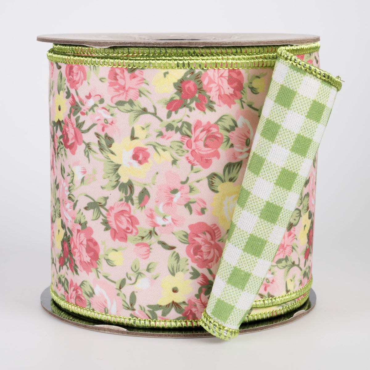 [D Stevens] 4" Poplin Mauve & Yellow Roses Ribbon: Green Checks (10 Yards) Item Number: 18-4817