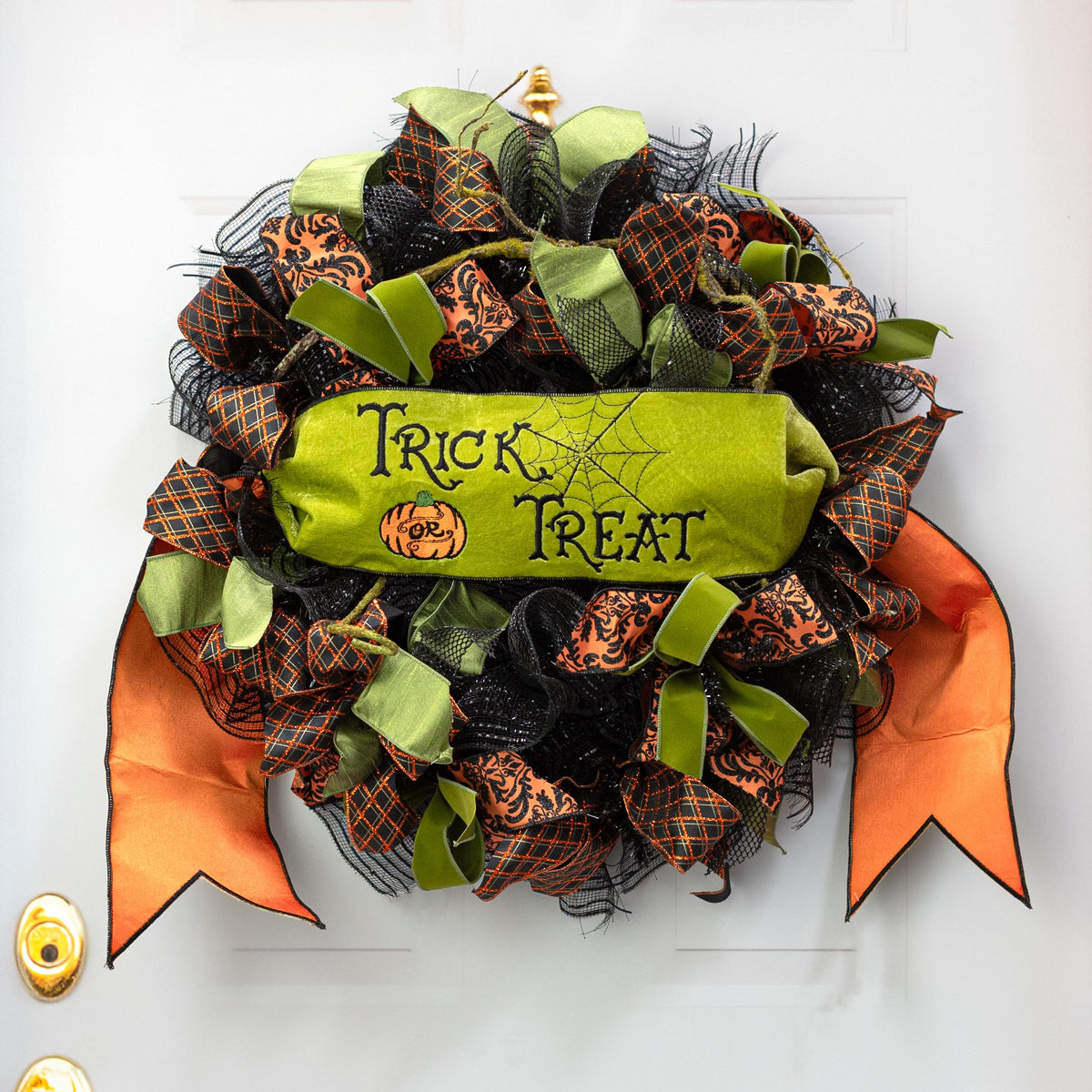 [D Stevens] 6" Satin Trick or Treat Embroidery Banner: Green & Orange Lifestyle Photo
