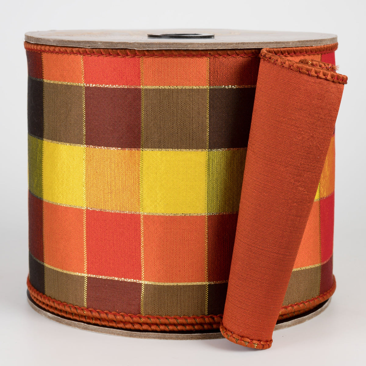 [D Stevens] 4" Taffeta Plaid Ribbon: Orange, Rust & Chocolate (10 Yards) Item Number: 05-1242