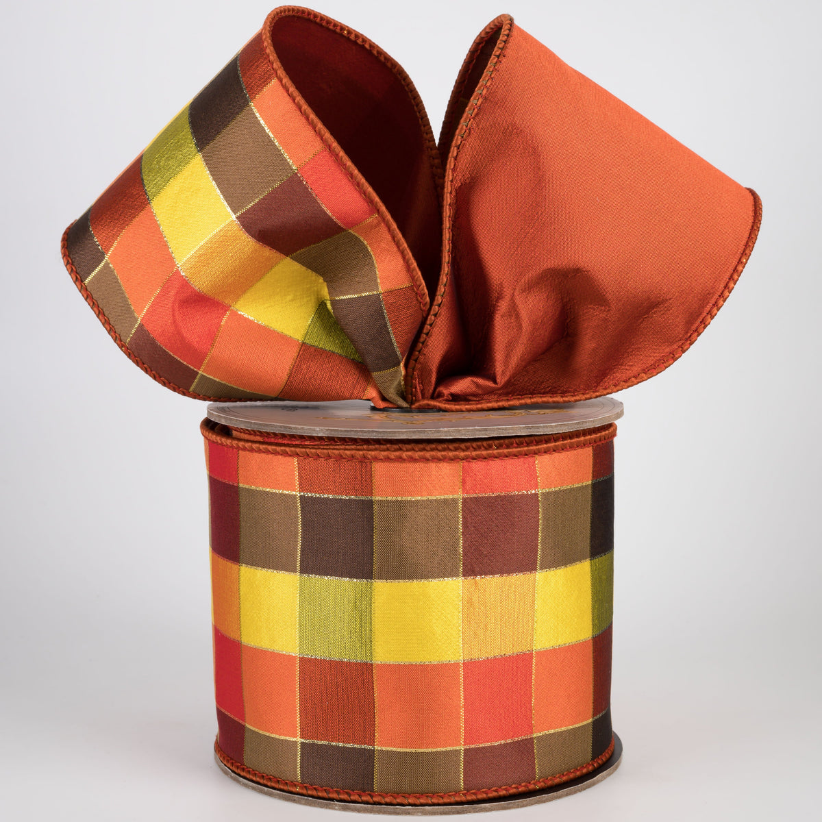 [D Stevens] 4" Taffeta Plaid Ribbon: Orange, Rust & Chocolate (10 Yards) Lifestyle Photo
