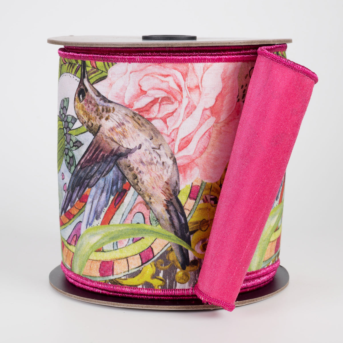 [D Stevens] 4" Taffeta Spring Floral Garden Hummingbird Ribbon: Hot Pink (10 Yards) Item Number: 45-0272