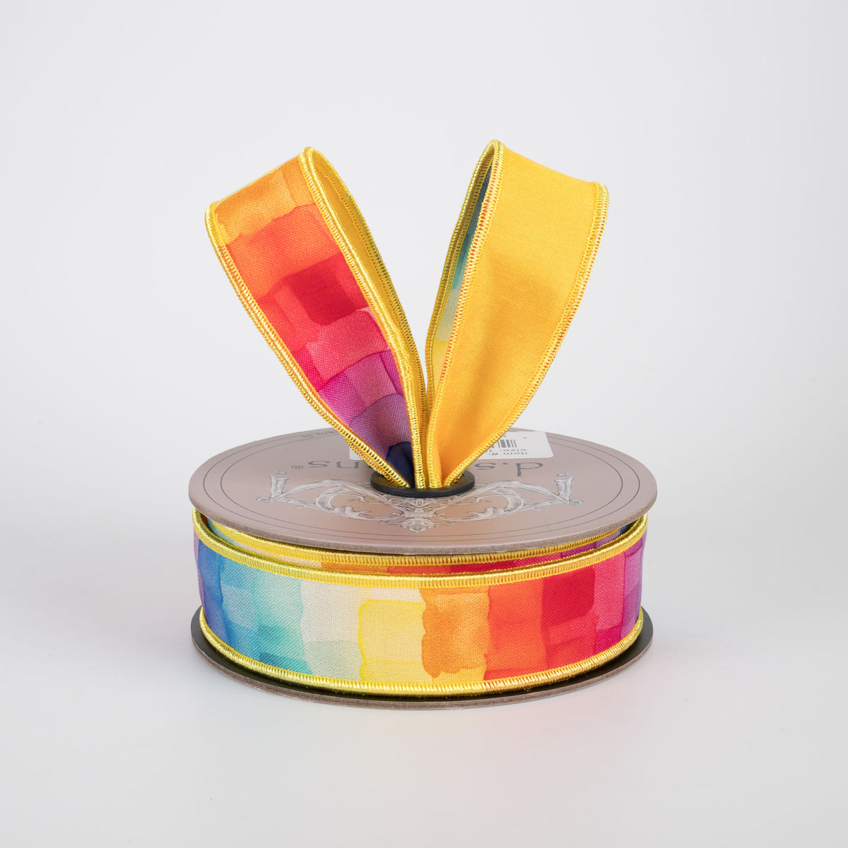[D Stevens] 1" Taffeta Watercolor Mosaic Cubes Ribbon: Rainbow (10 Yards) Lifestyle Photo
