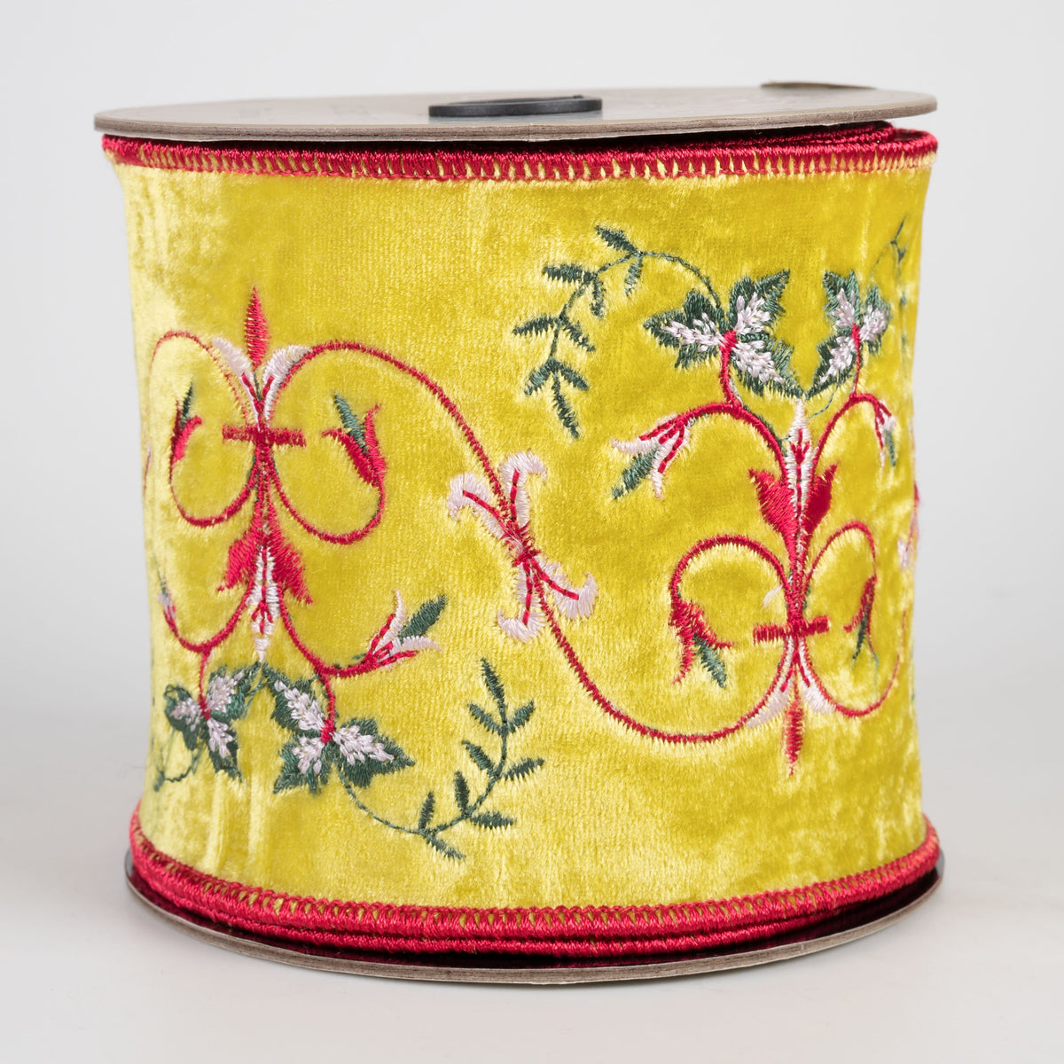 [D Stevens] 4" Velvet Embroidered Floral Trellis Ribbon: Yellow (5 Yards) Item Number: 18-4193