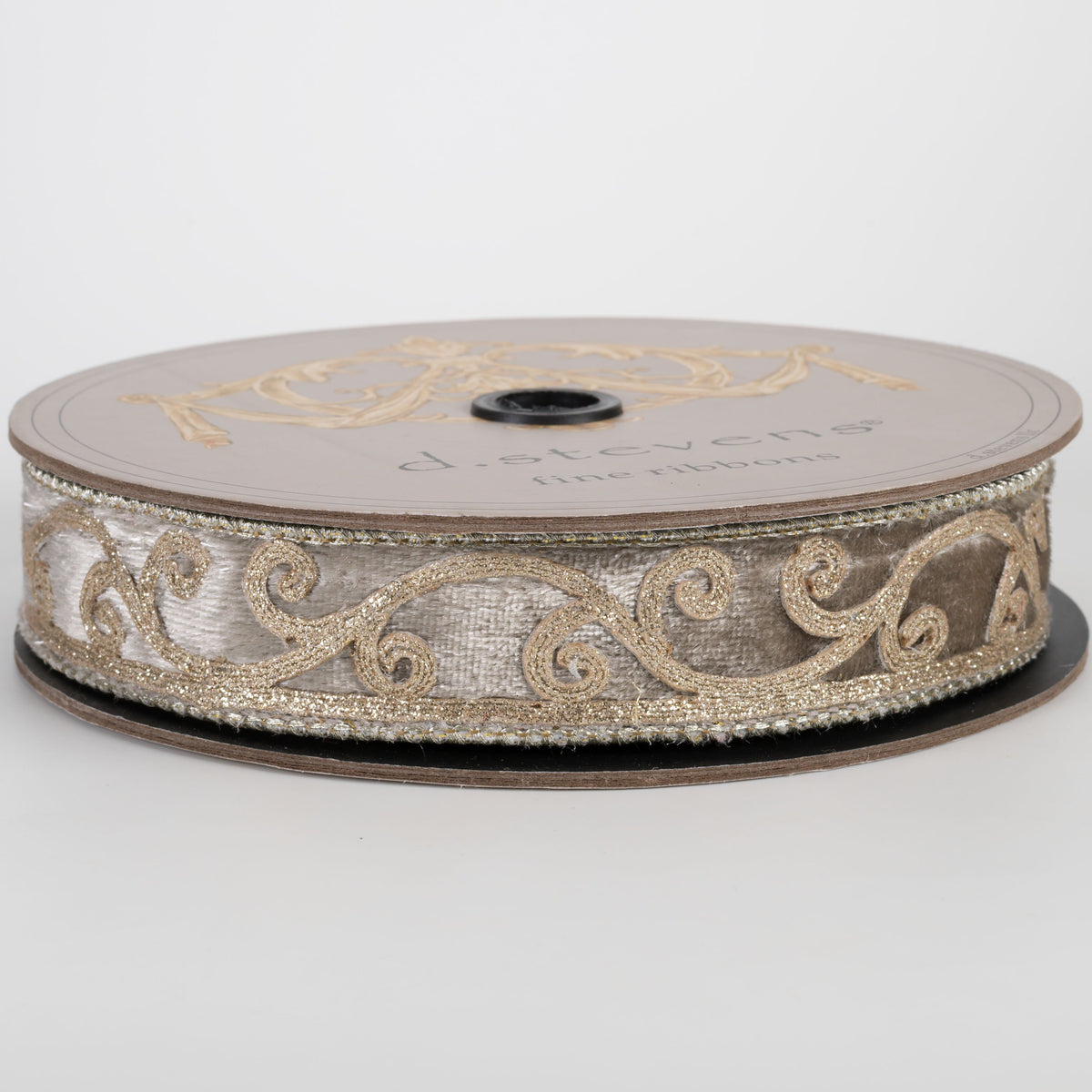 [D Stevens] 1" Velvet Glitter Scroll Trim Ribbon: Platinum Gold (10 Yards) Item Number: 05-1264