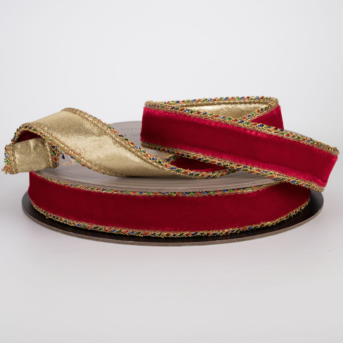 [D Stevens] 1" Velvet Gold Backed Braided Trim Ribbon: Nutcracker Red (10 Yards) Lifestyle Photo