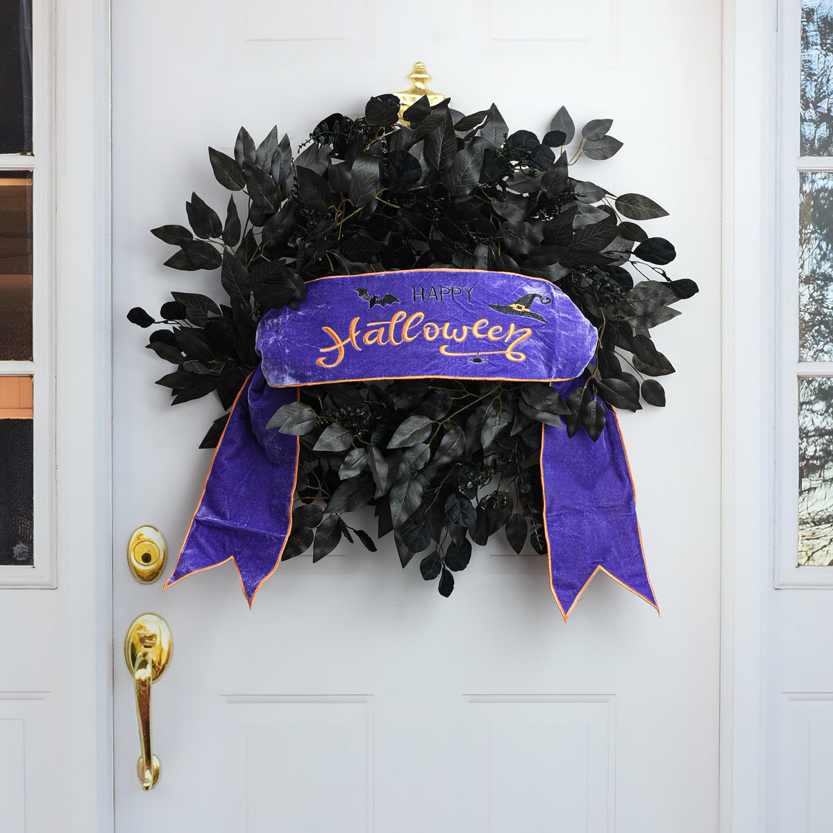 [D Stevens] 6" Velvet Happy Halloween Embroidery Banner: Purple & Orange Lifestyle Photo