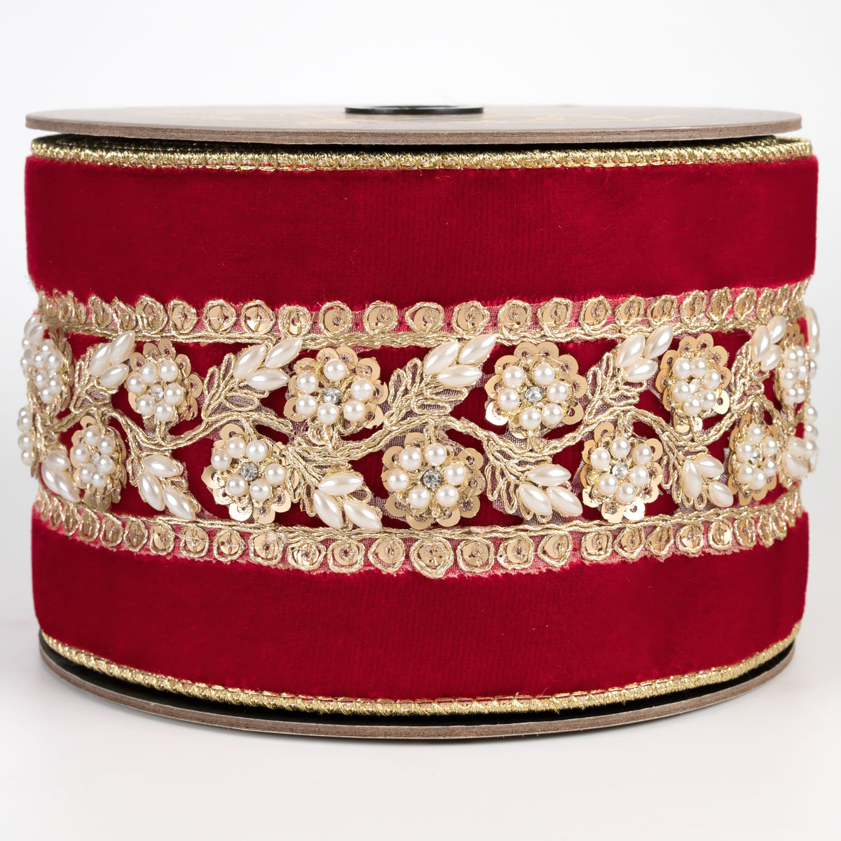[D Stevens] 4" Velvet Sequin & Pearl Center Trim Ribbon: Red & Gold (5 Yards) Item Number: 05-2094