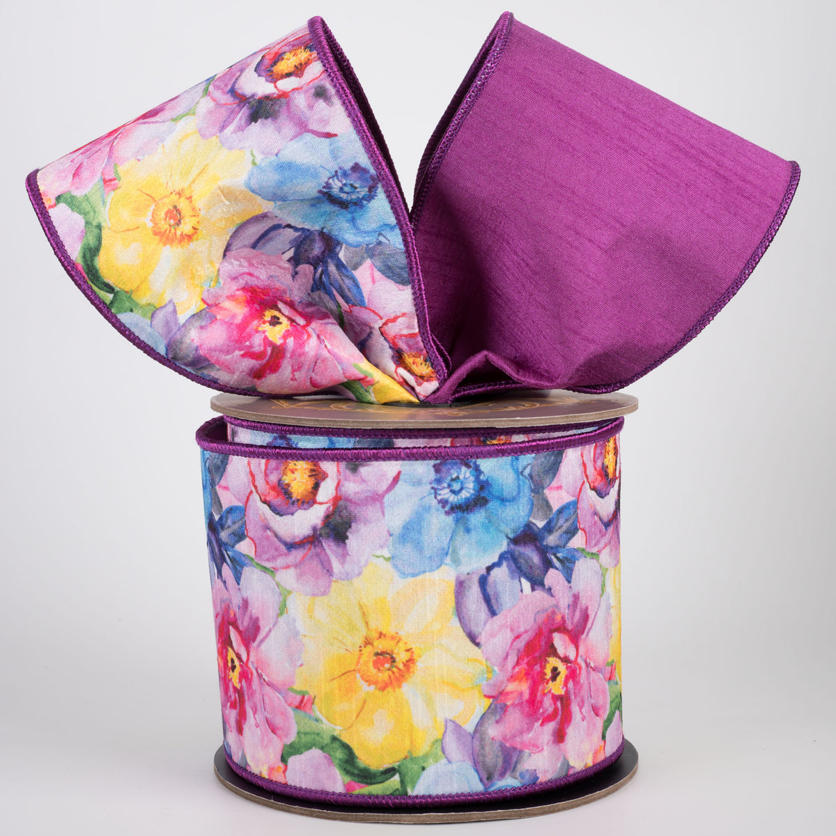 [D Stevens] 4" Watercolor Florals on Dupioni Ribbon: Purple (10 Yards) Lifestyle Photo