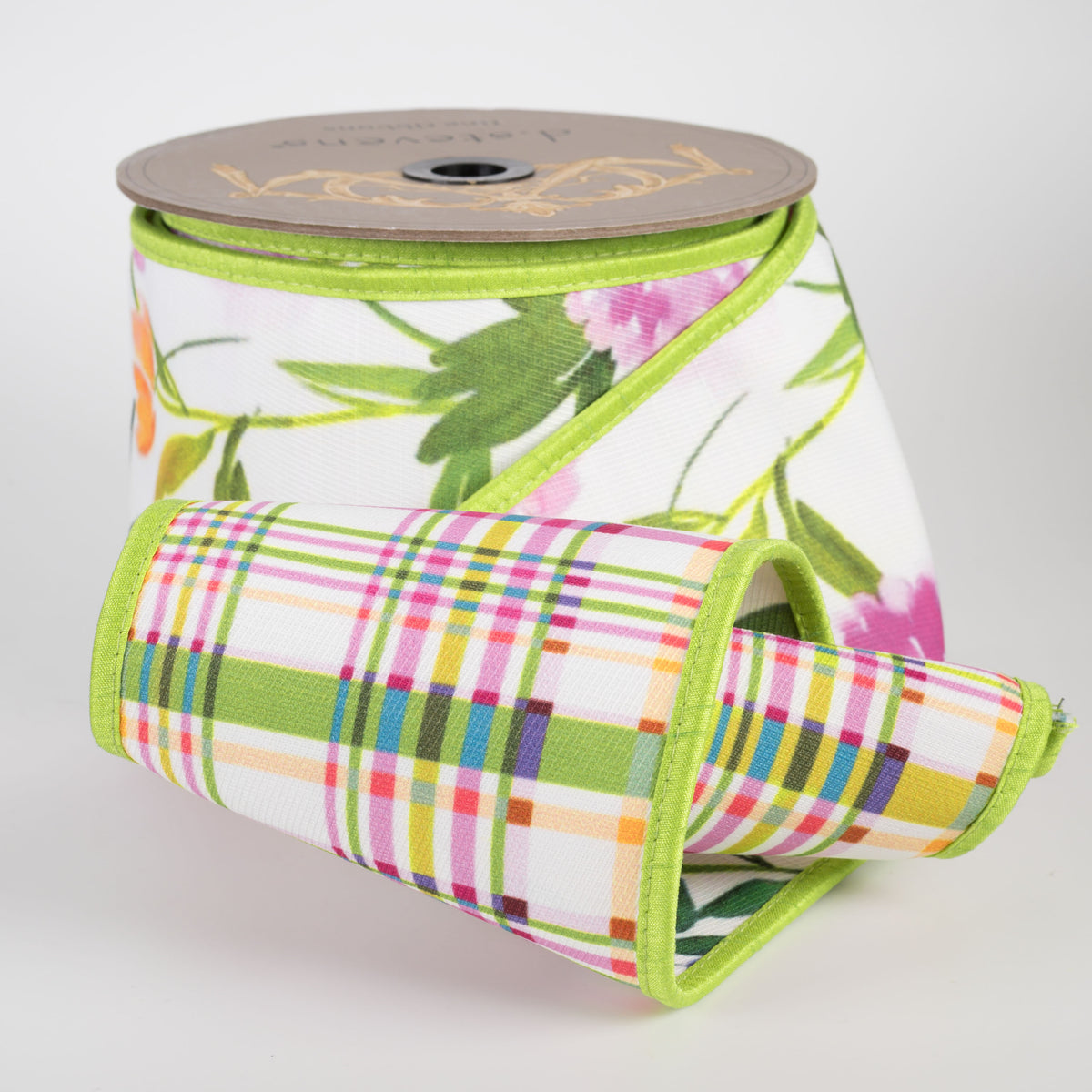 [D Stevens] 4" Watercolor Florals on Poplin Spring Plaid Ribbon (10 Yards) detail photo 3