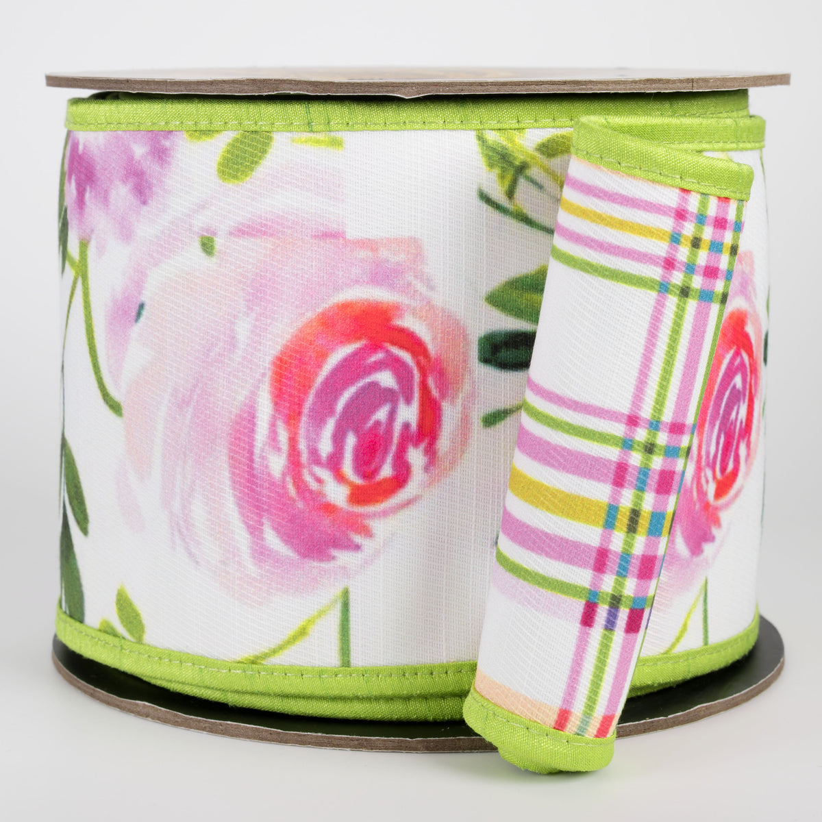 [D Stevens] 4" Watercolor Florals on Poplin Spring Plaid Ribbon (10 Yards) Item Number: 87-1665