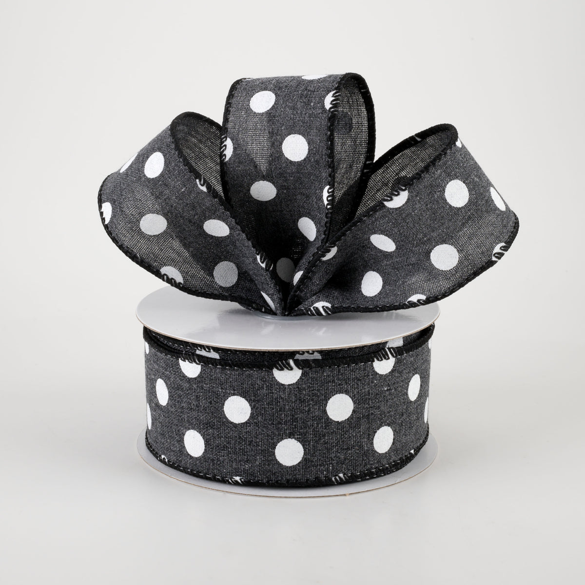 1.5" Stiff Linen Polka Dot Ribbon: Charcoal Black (10 Yards) Lifestyle Photo