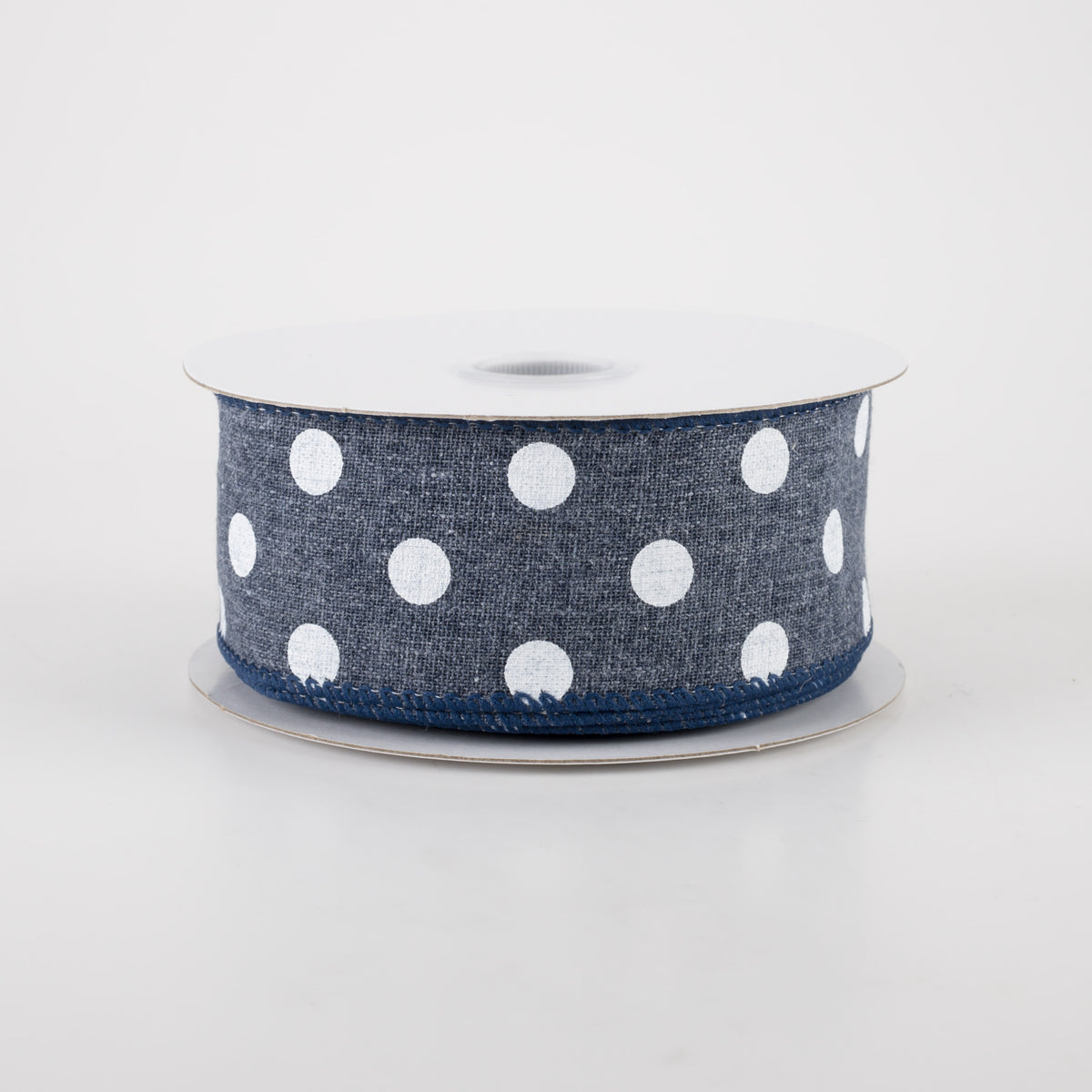 1.5" Stiff Linen Polka Dot Ribbon: Navy Blue (10 Yards)