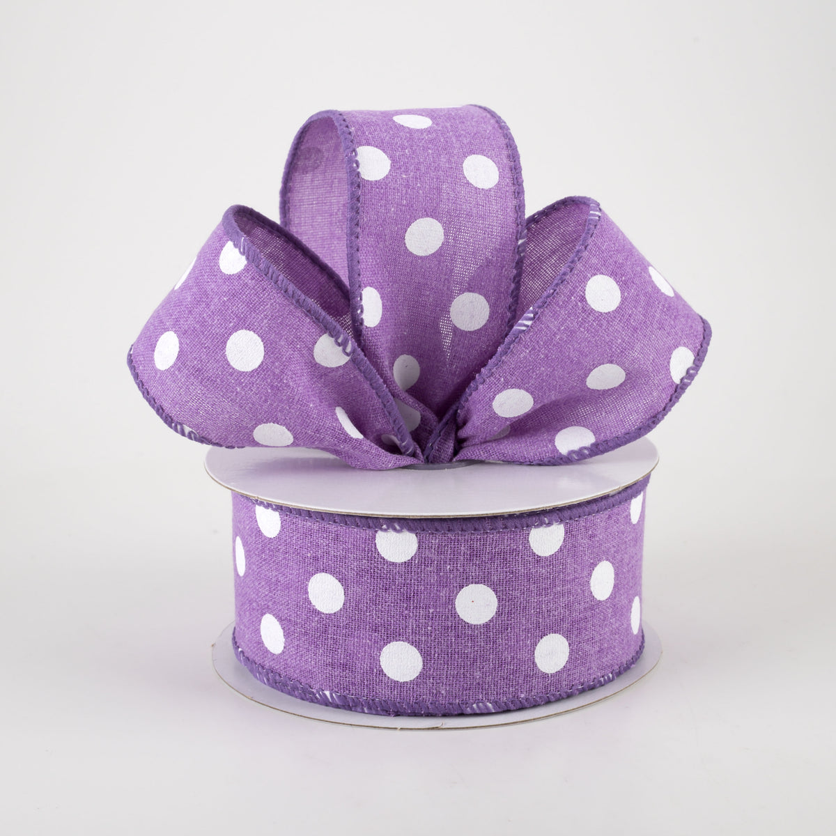 1.5" Stiff Linen Polka Dot Ribbon: Purple (10 Yards) Lifestyle Photo