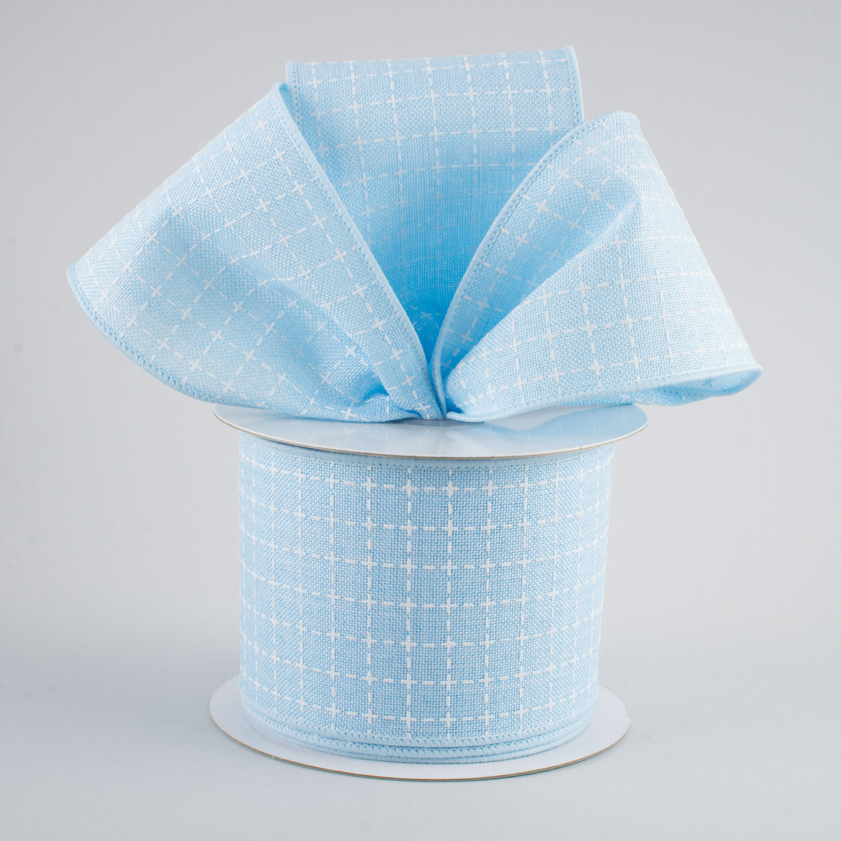 2.5" Stitched Squares Ribbon: Pale Blue & White (10 Yards) Lifestyle Photo