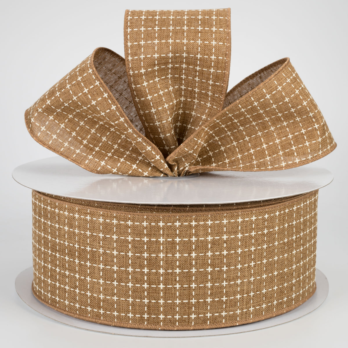 2.5" Stitched Squares Ribbon: Tan & Cream (50 Yards) Lifestyle Photo