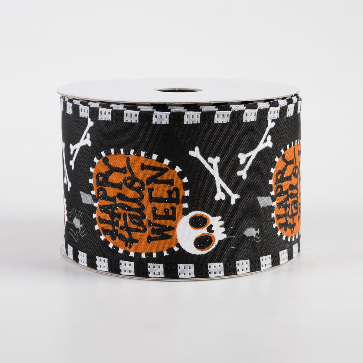 2.5" Stripe Edge Happy Halloween Pumpkin Skull Ribbon: Black (10 Yards) Item Number: 55312-40-21