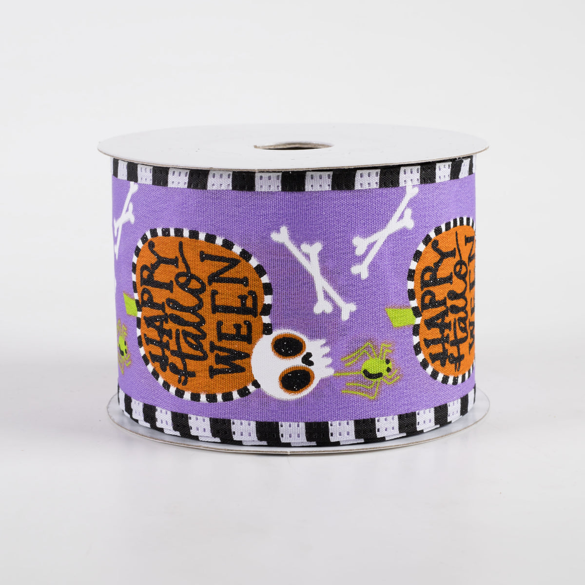 2.5" Stripe Edge Happy Halloween Pumpkin Skull Ribbon: Purple (10 Yards)