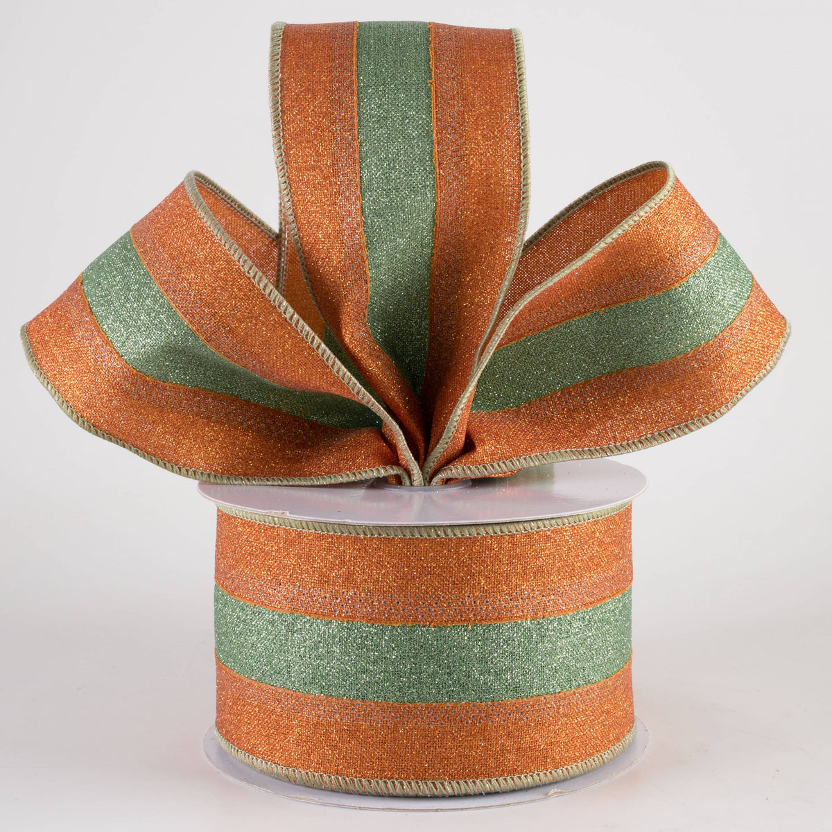 2.5" Stripe Fine Glitter on Royal Ribbon: Pumpkin Orange & Sage Green (10 Yards) Lifestyle Photo