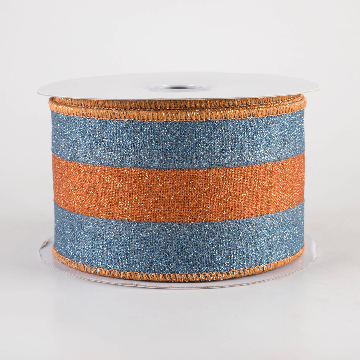 2.5" Stripe Fine Glitter on Royal Ribbon: Smoke Blue & Pumpkin Orange (10 Yards) Item Number: RGC8118X3