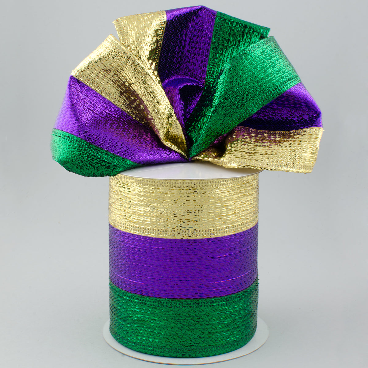 4" Stripe Metallic Lamé Ribbon: Purple, Green & Gold (10 Yards) Lifestyle Photo