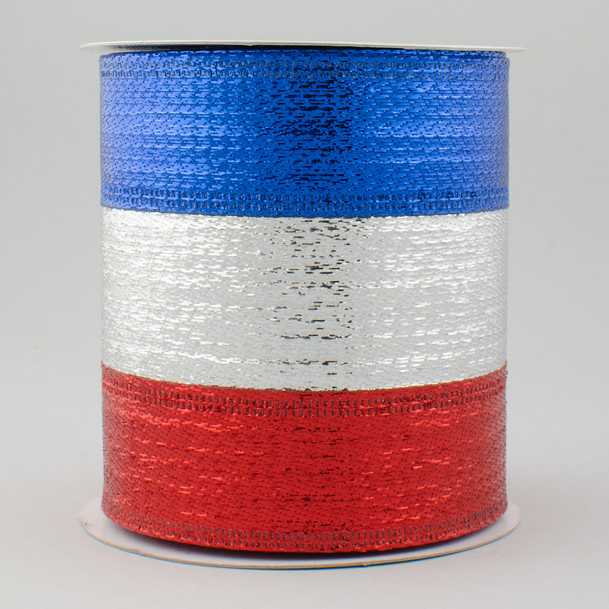 4" Stripe Metallic Ribbon: Red, Silver, Royal Blue (10 Yards)