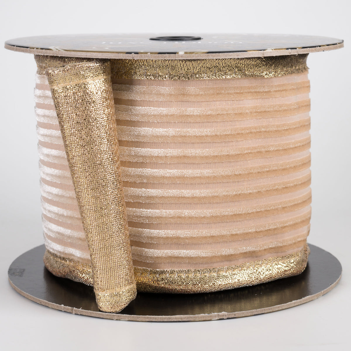 4" Stripe Pressed Velvet Metallic Backed Puffy Edge Ribbon: Tan & Gold (5 Yards) Item Number: D73613-04-35