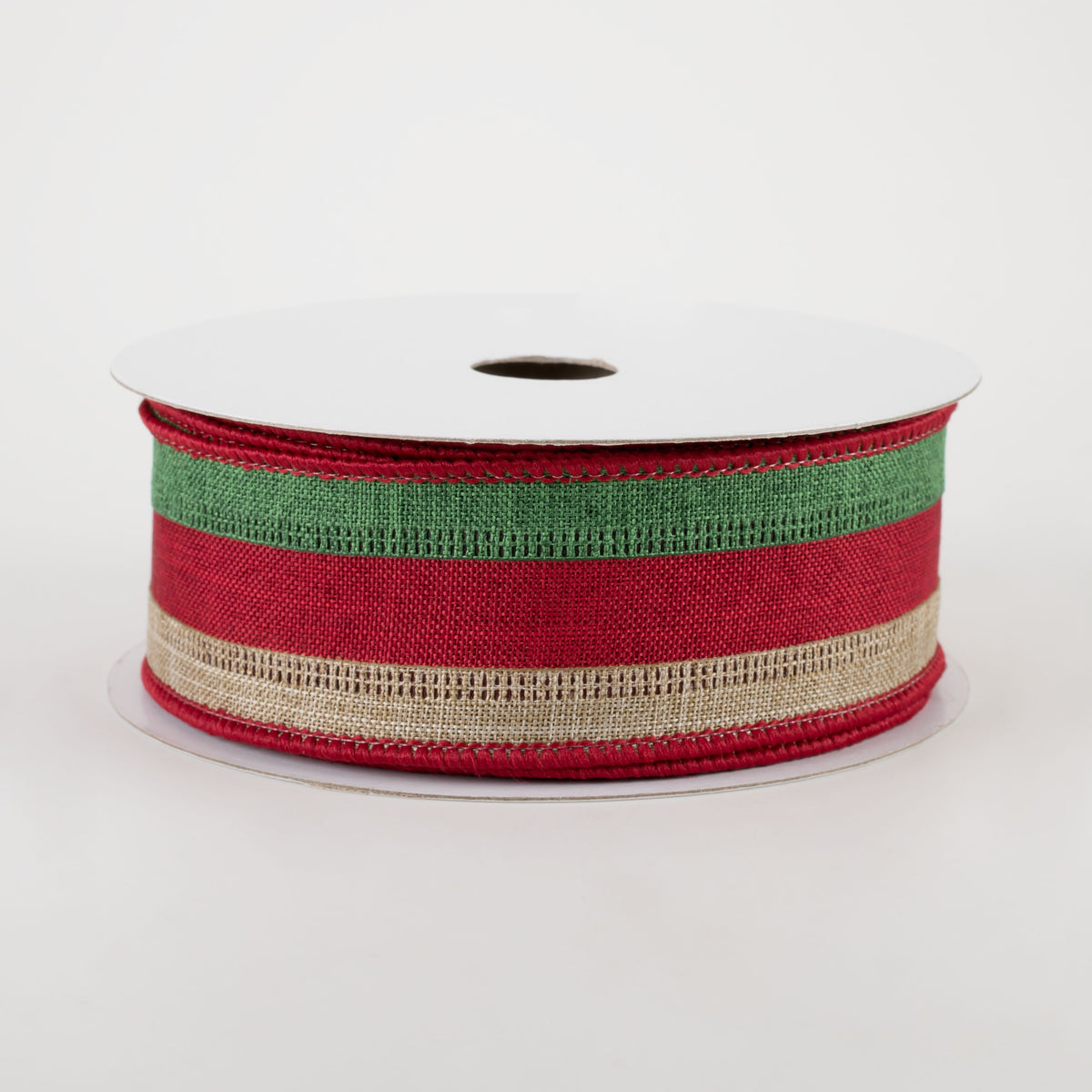 1.5" Stripe Ribbon: Emerald, Crimson, Beige (10 Yards)