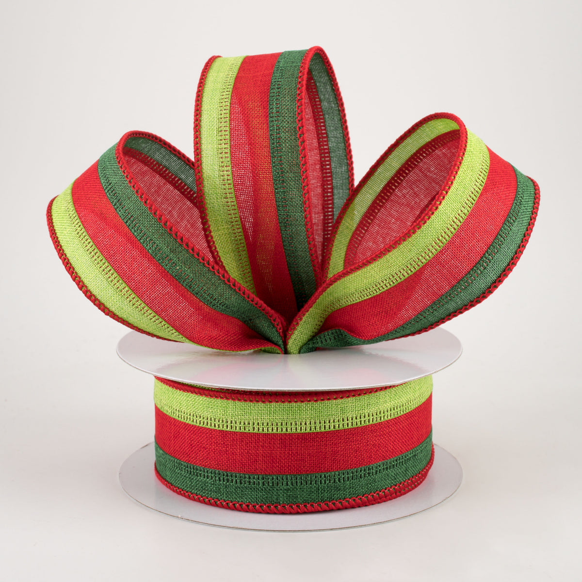 1.5" Stripe Ribbon: Lime Green, Red, Emerald Green (10 Yards) Lifestyle Photo