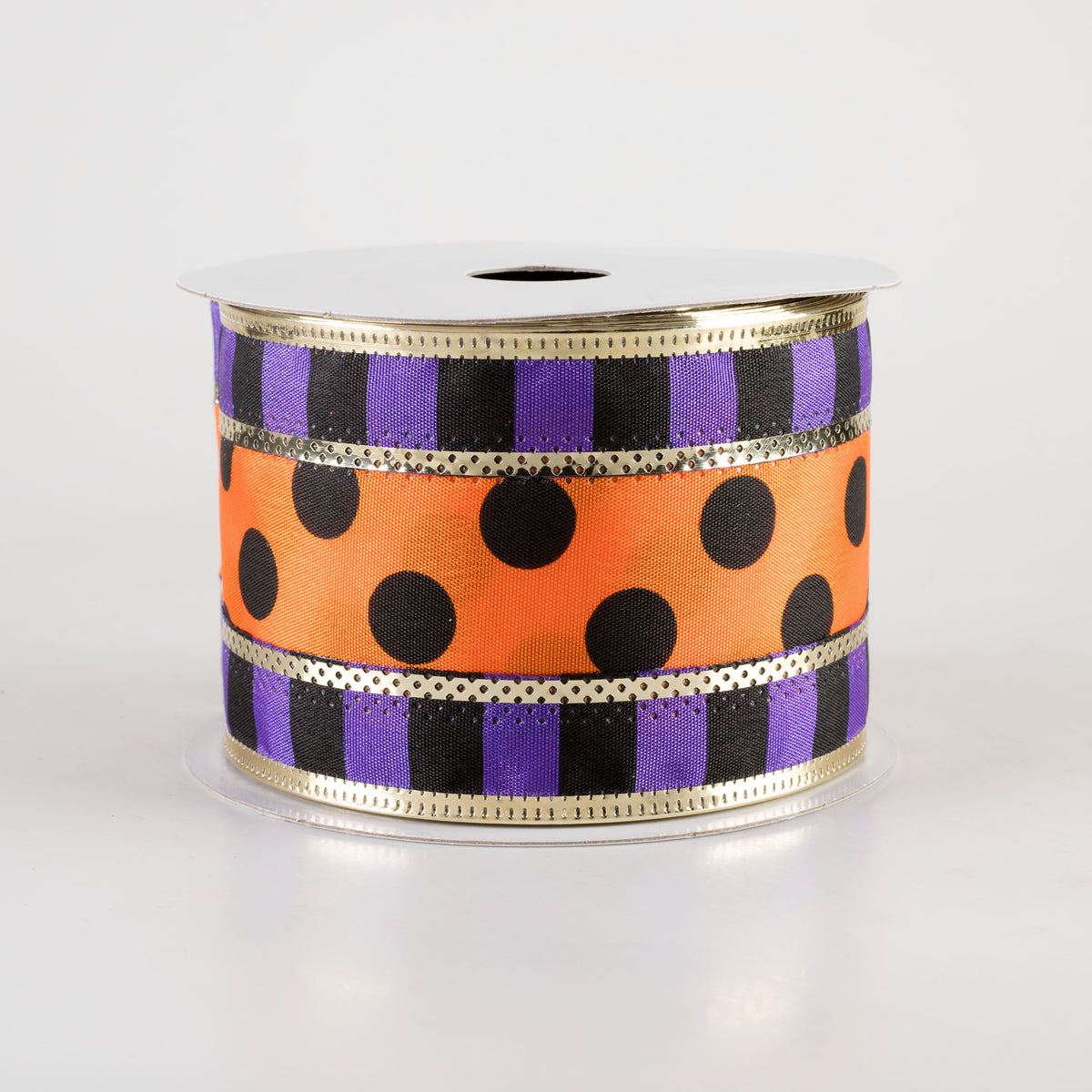 2.5" Striped Edge Polka Dot Ribbon: Purple, Black, Orange, Gold (10 Yards)