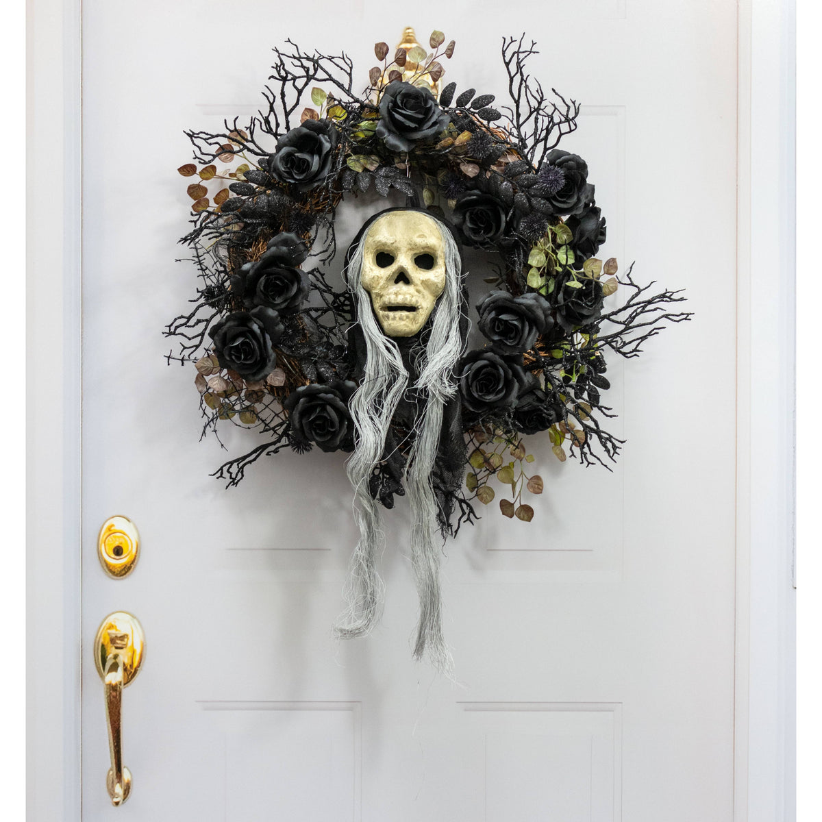 20" x 6" Styrofoam & Burlap Witch Skull: Grey & Black Lifestyle Photo