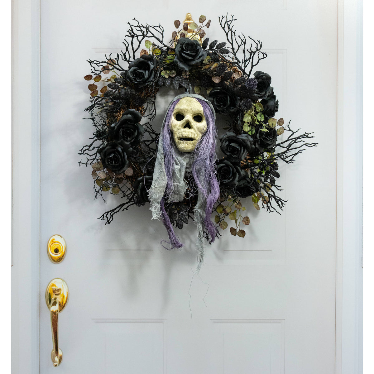 20" x 6" Styrofoam & Burlap Witch Skull: Grey & Purple Lifestyle Photo