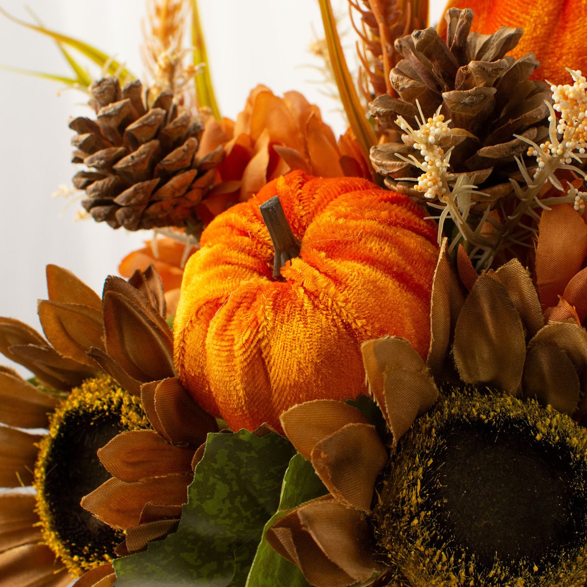 18" Sunflower Ball Mum Pumpkin Pine Bush: Copper Lifestyle Photo