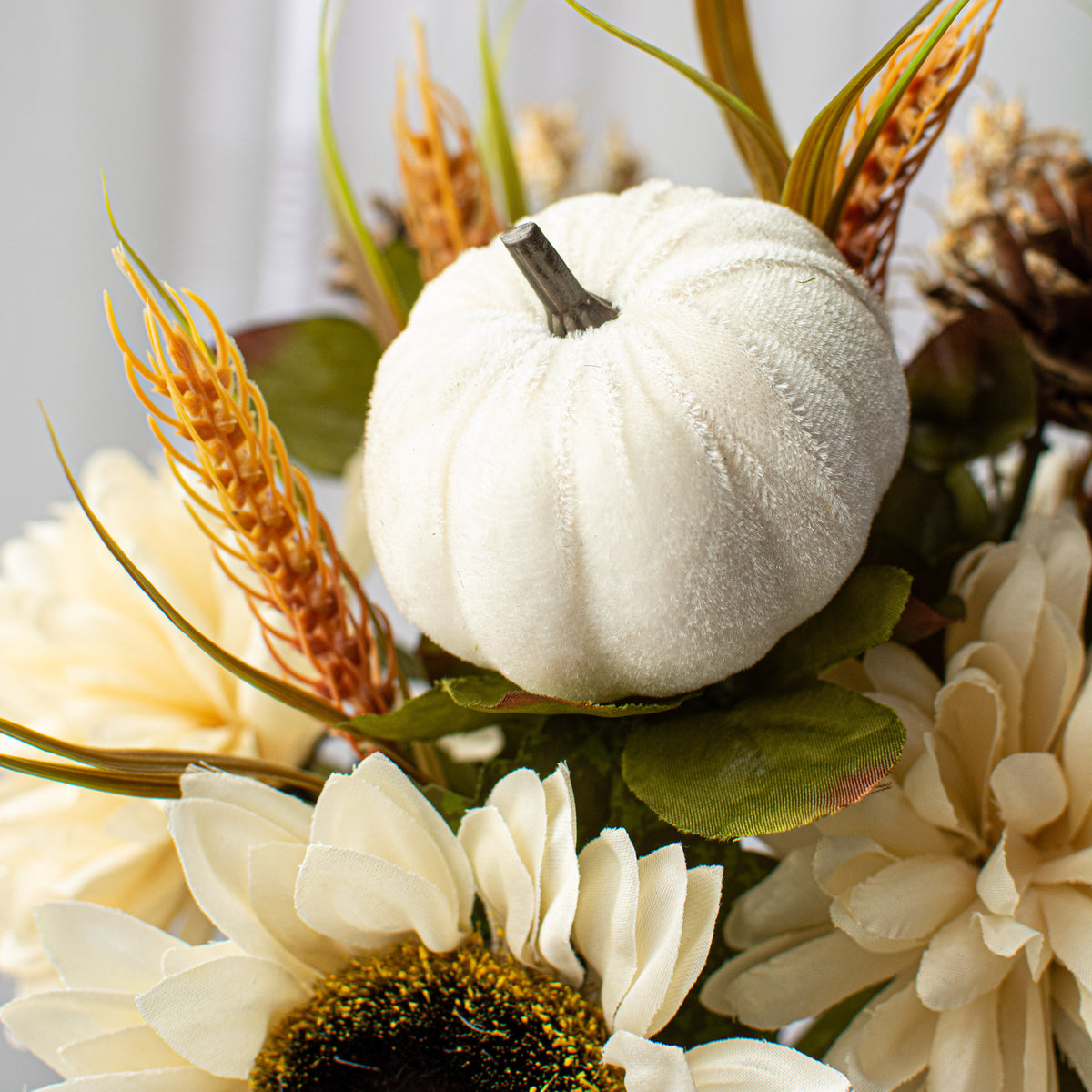 18" Sunflower Ball Mum Pumpkin Pine Bush: Cream Lifestyle Photo