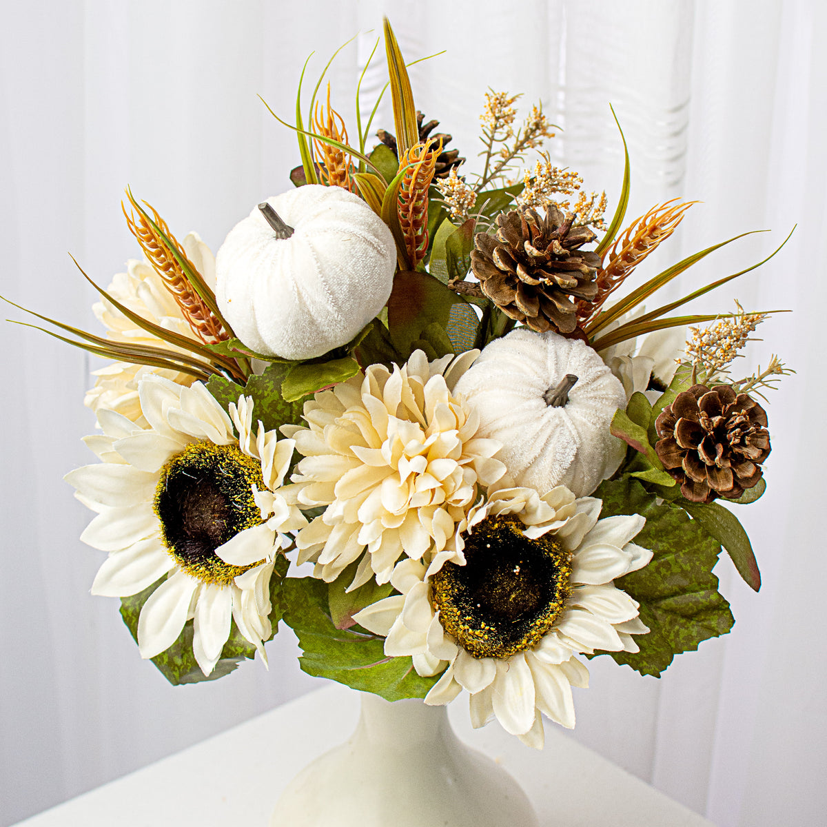 18" Sunflower Ball Mum Pumpkin Pine Bush: Cream Item Number: 56870BE